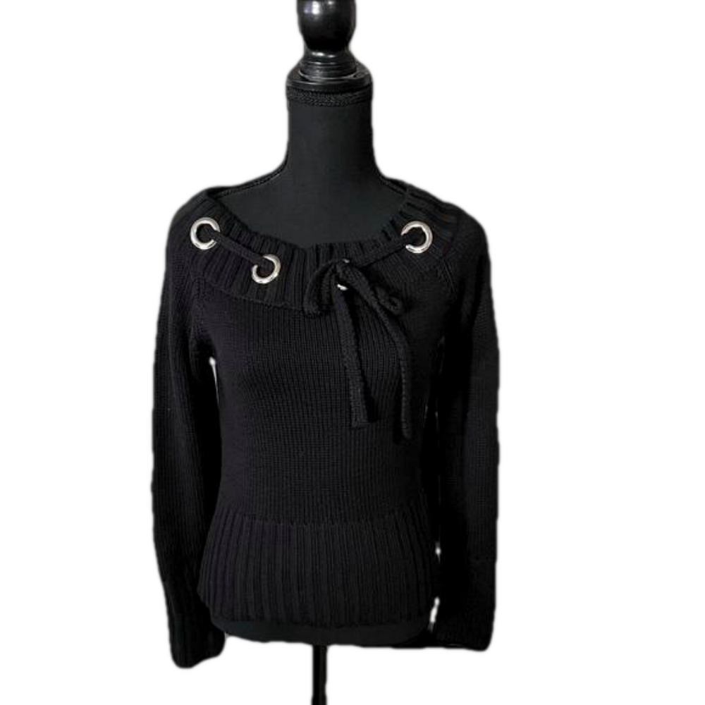 Black Boat Neck Sweater With Silver Grommets